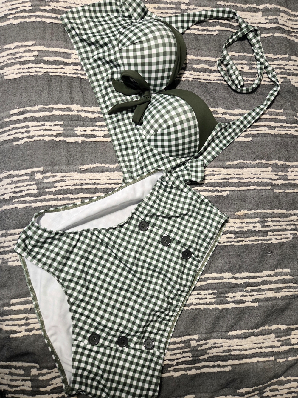 Retro Chic Green Gingham High-Waist Bikini Set